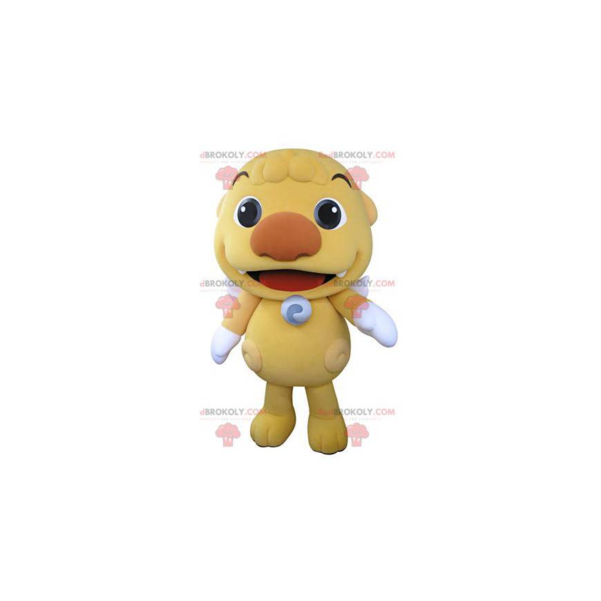 Mascot pequeño monstruo amarillo con alas blancas -