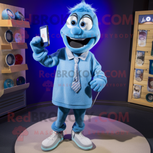 Blue Phone mascot costume character dressed with a Button-Up Shirt and Necklaces
