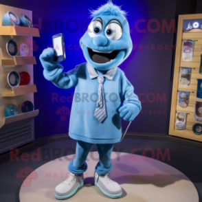 Blue Phone mascot costume character dressed with a Button-Up Shirt and Necklaces