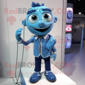 Blue Phone mascot costume character dressed with a Button-Up Shirt and Necklaces