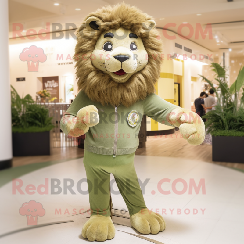 Olive Lion mascot costume character dressed with a Skinny Jeans and Cufflinks