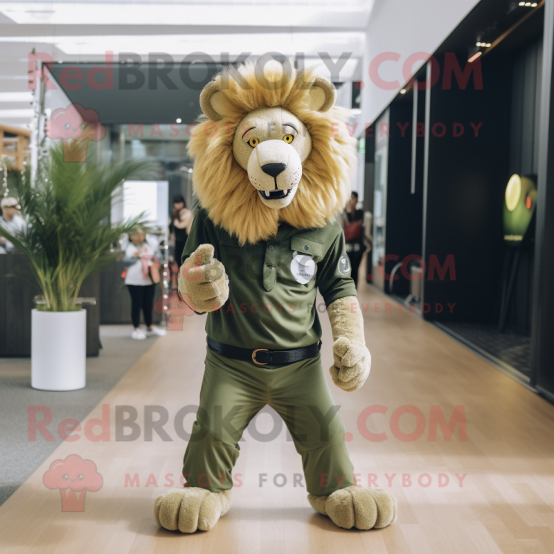 Olive Lion mascot costume character dressed with a Skinny Jeans and Cufflinks
