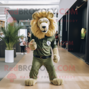 Olive Lion mascot costume character dressed with a Skinny Jeans and Cufflinks