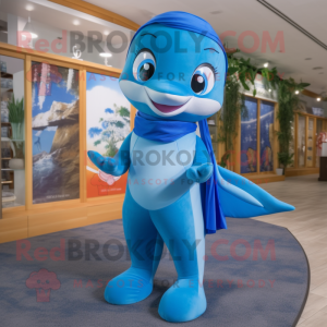 Blue Dolphin mascot costume character dressed with a One-Piece Swimsuit and Scarves