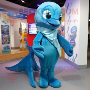 Blue Dolphin mascot costume character dressed with a One-Piece Swimsuit and Scarves