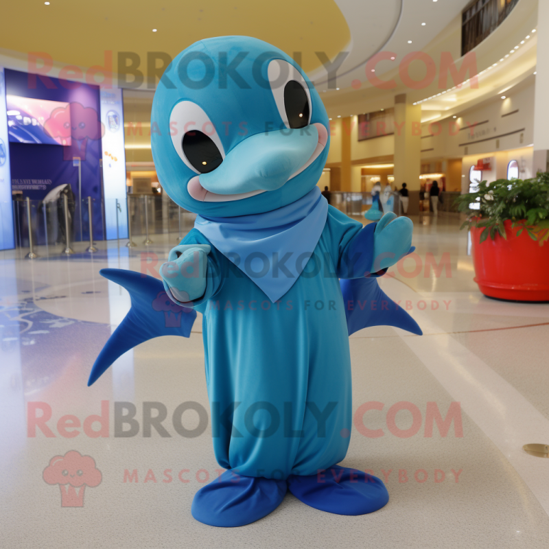 Blue Dolphin mascot costume character dressed with a One-Piece Swimsuit and Scarves