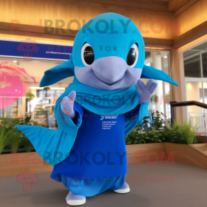 Blue Dolphin mascot costume character dressed with a One-Piece Swimsuit and Scarves