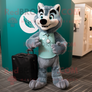 Teal Say Wolf mascot costume character dressed with a V-Neck Tee and Briefcases