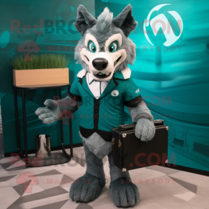 Teal Say Wolf mascot costume character dressed with a V-Neck Tee and Briefcases