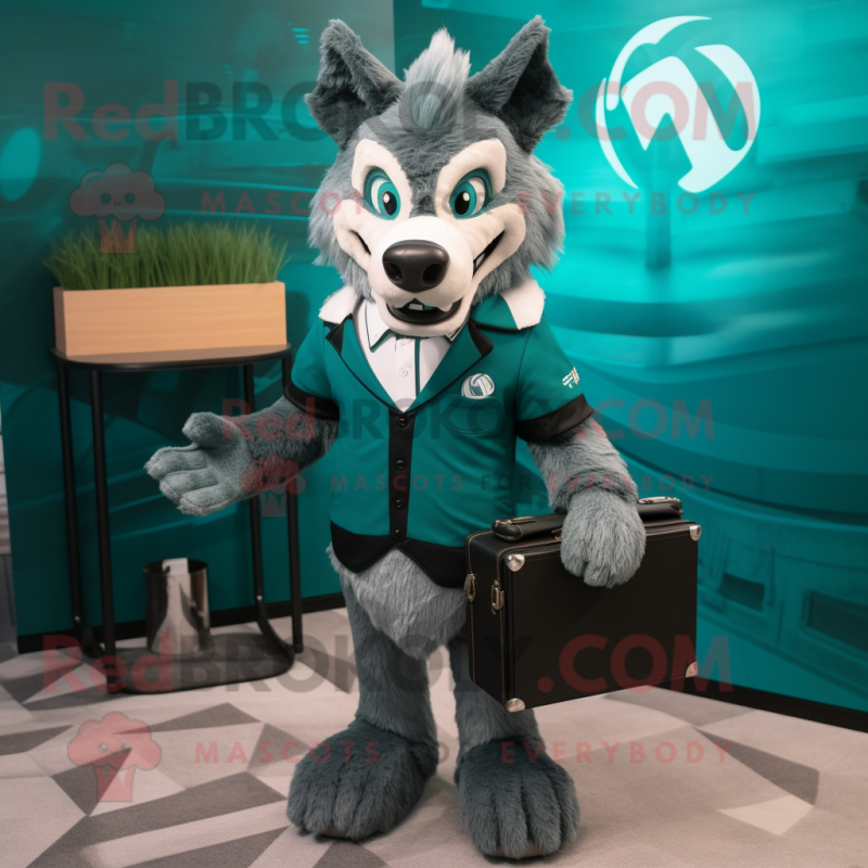 Teal Say Wolf mascot costume character dressed with a V-Neck Tee and Briefcases Teal Say Wolf mascot costume character dressed with a V-Neck Tee and Briefcases