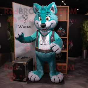 Teal Say Wolf mascot costume character dressed with a V-Neck Tee and Briefcases