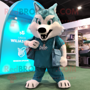 Teal Say Wolf mascot costume character dressed with a V-Neck Tee and Briefcases