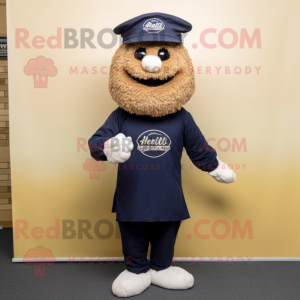 Navy Falafel mascot costume character dressed with a Henley Tee and Hat pins