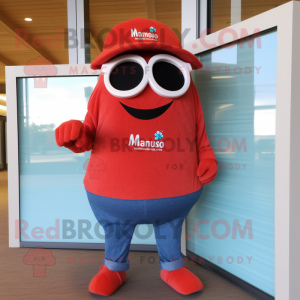 Red Mango mascot costume character dressed with a Mom Jeans and Reading glasses