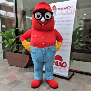 Red Mango mascot costume character dressed with a Mom Jeans and Reading glasses