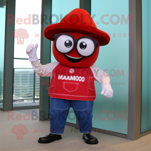 Red Mango mascot costume character dressed with a Mom Jeans and Reading glasses