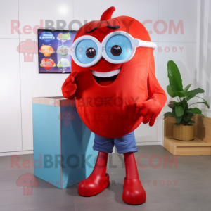 Red Mango mascot costume character dressed with a Mom Jeans and Reading glasses
