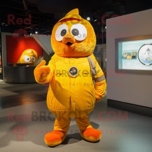 Yellow Orange mascot costume character dressed with a Jacket and Watches