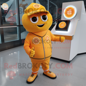Yellow Orange mascot costume character dressed with a Jacket and Watches
