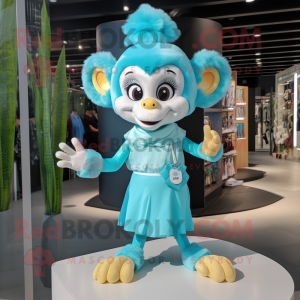 Cyan Monkey mascot costume character dressed with a Mini Skirt and Headbands