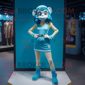 Cyan Monkey mascot costume character dressed with a Mini Skirt and Headbands