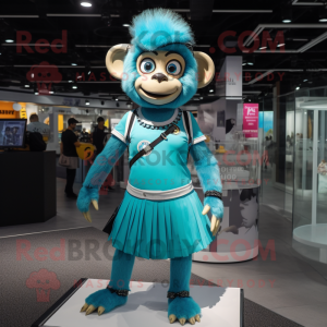 Cyan Monkey mascot costume character dressed with a Mini Skirt and Headbands