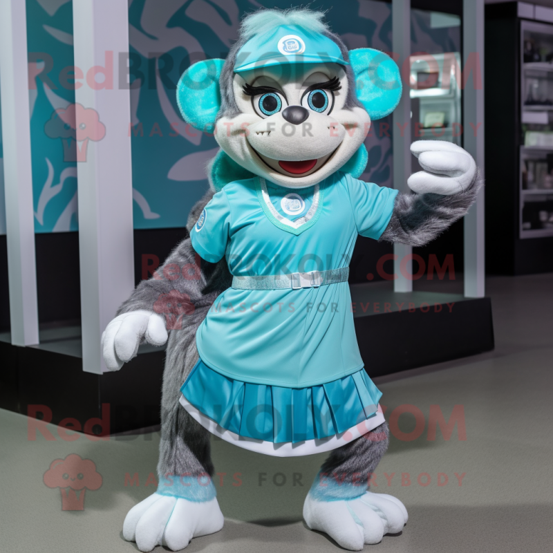 Cyan Monkey mascot costume character dressed with a Mini Skirt and Headbands