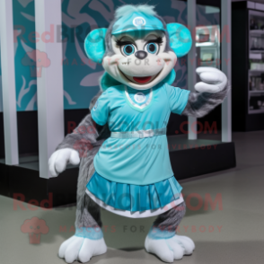 Cyan Monkey mascot costume character dressed with a Mini Skirt and Headbands