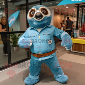 Turquoise Sloth mascot costume character dressed with a Denim Shirt and Watches