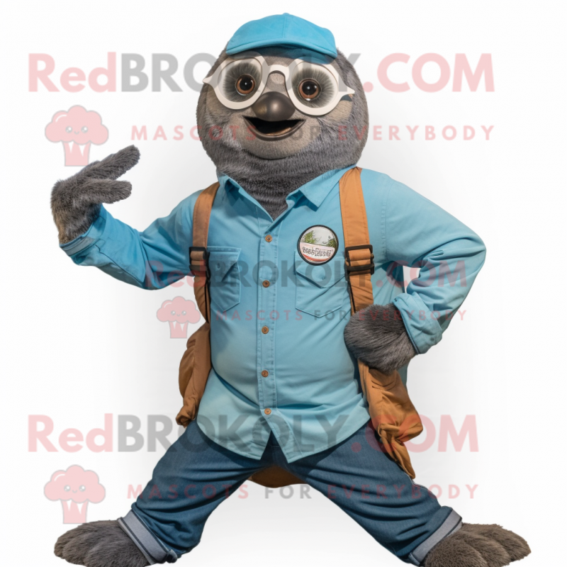 Turquoise Sloth mascot costume character dressed with a Denim Shirt and Watches