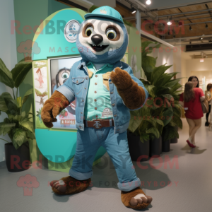 Turquoise Sloth mascot costume character dressed with a Denim Shirt and Watches