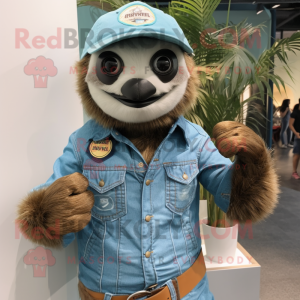 Turquoise Sloth mascot costume character dressed with a Denim Shirt and Watches