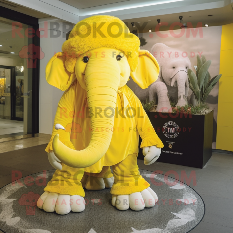 Lemon Yellow Mammoth mascot costume character dressed with a Skirt and Berets