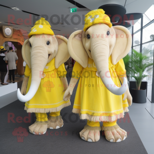 Lemon Yellow Mammoth mascot costume character dressed with a Skirt and Berets