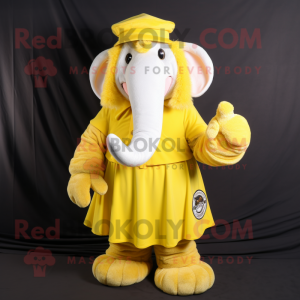 Lemon Yellow Mammoth mascot costume character dressed with a Skirt and Berets