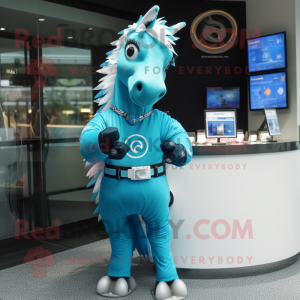 Cyan Horse mascot costume character dressed with a Playsuit and Bracelet watches