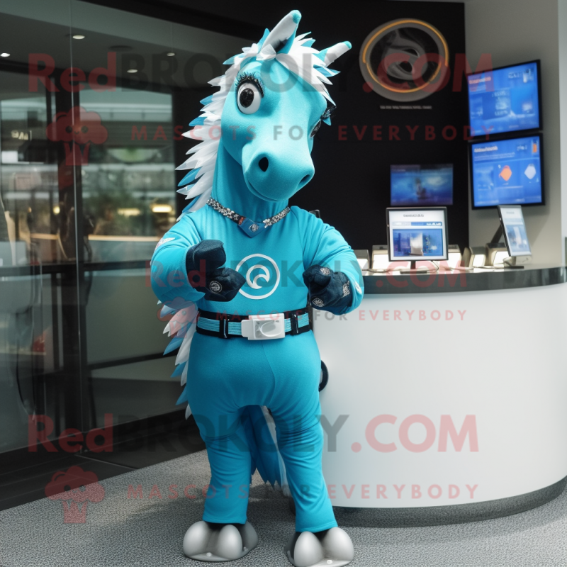 Cyan Horse mascot costume character dressed with a Playsuit and Bracelet watches