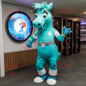 Cyan Horse mascot costume character dressed with a Playsuit and Bracelet watches