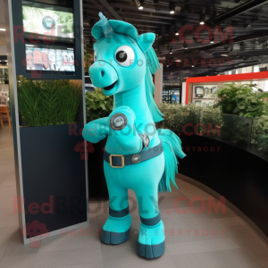 Cyan Horse mascot costume character dressed with a Playsuit and Bracelet watches