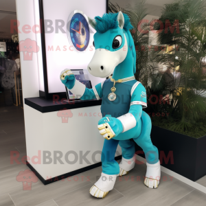 Cyan Horse mascot costume character dressed with a Playsuit and Bracelet watches