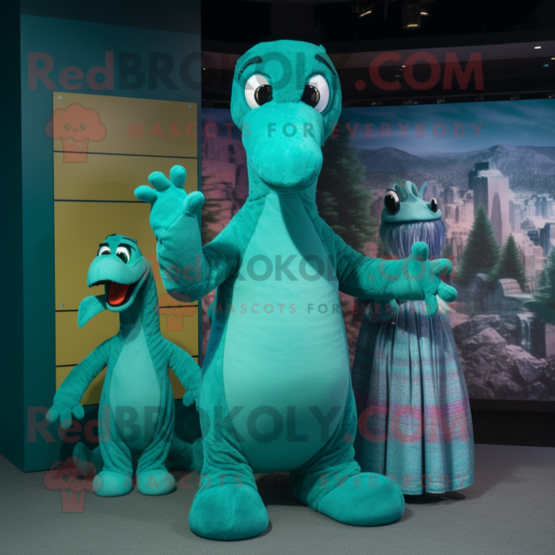 Teal Loch Ness Monster mascot costume character dressed with a Mini Dress and Mittens