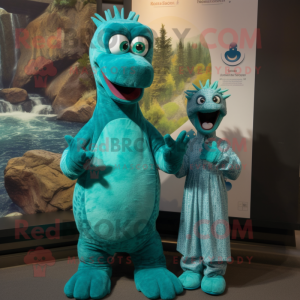 Teal Loch Ness Monster mascot costume character dressed with a Mini Dress and Mittens