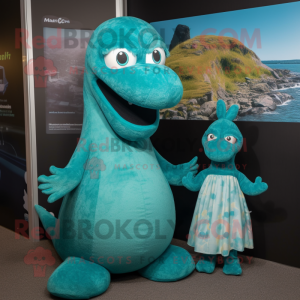 Teal Loch Ness Monster mascot costume character dressed with a Mini Dress and Mittens