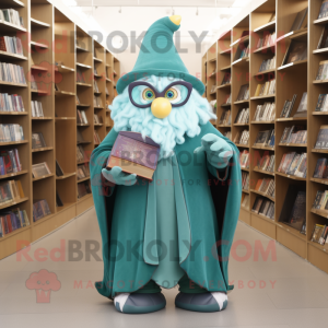 Teal Wizard mascot costume character dressed with a Ball Gown and Reading glasses