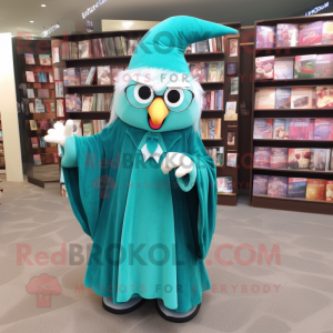 Teal Wizard mascot costume character dressed with a Ball Gown and Reading glasses