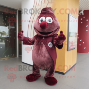 Maroon Champagne mascot costume character dressed with a Playsuit and Scarves