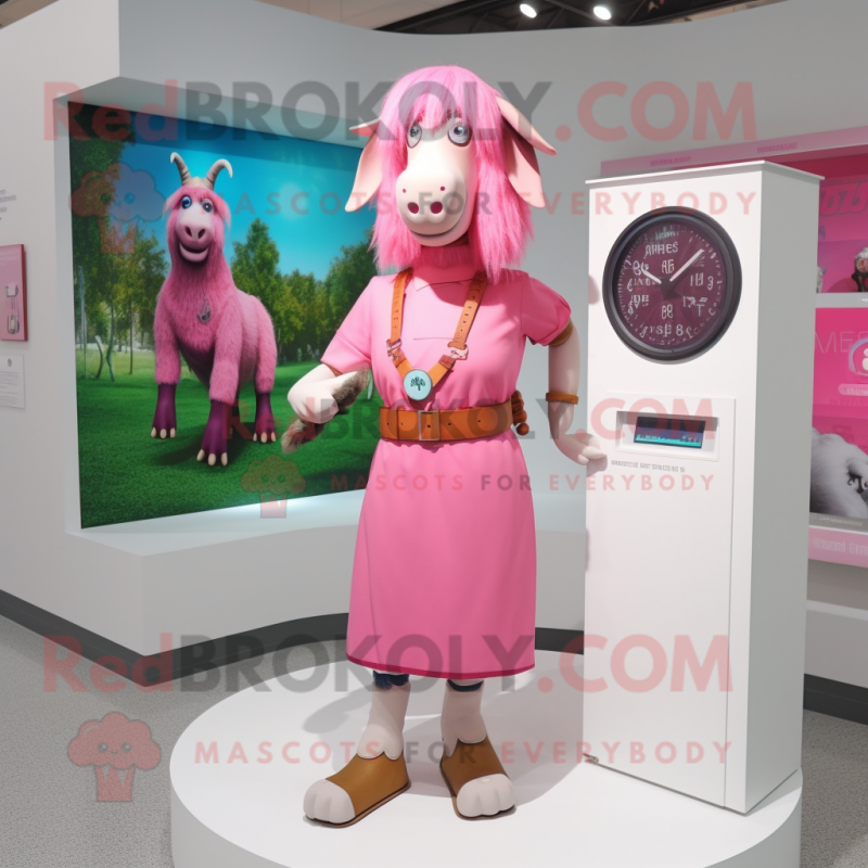 Pink Boer Goat mascot costume character dressed with a Sheath Dress and Bracelet watches