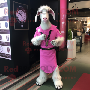 Pink Boer Goat mascot costume character dressed with a Sheath Dress and Bracelet watches