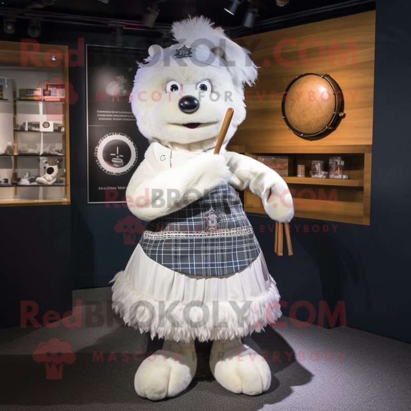 White Bagpipe mascot costume character dressed with a A-Line Skirt and Cummerbunds White Bagpipe mascot costume character dressed with a A-Line Skirt and Cummerbunds