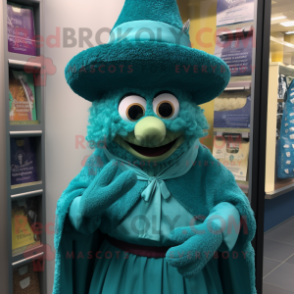 Teal Queen mascot costume character dressed with a Cardigan and Hats